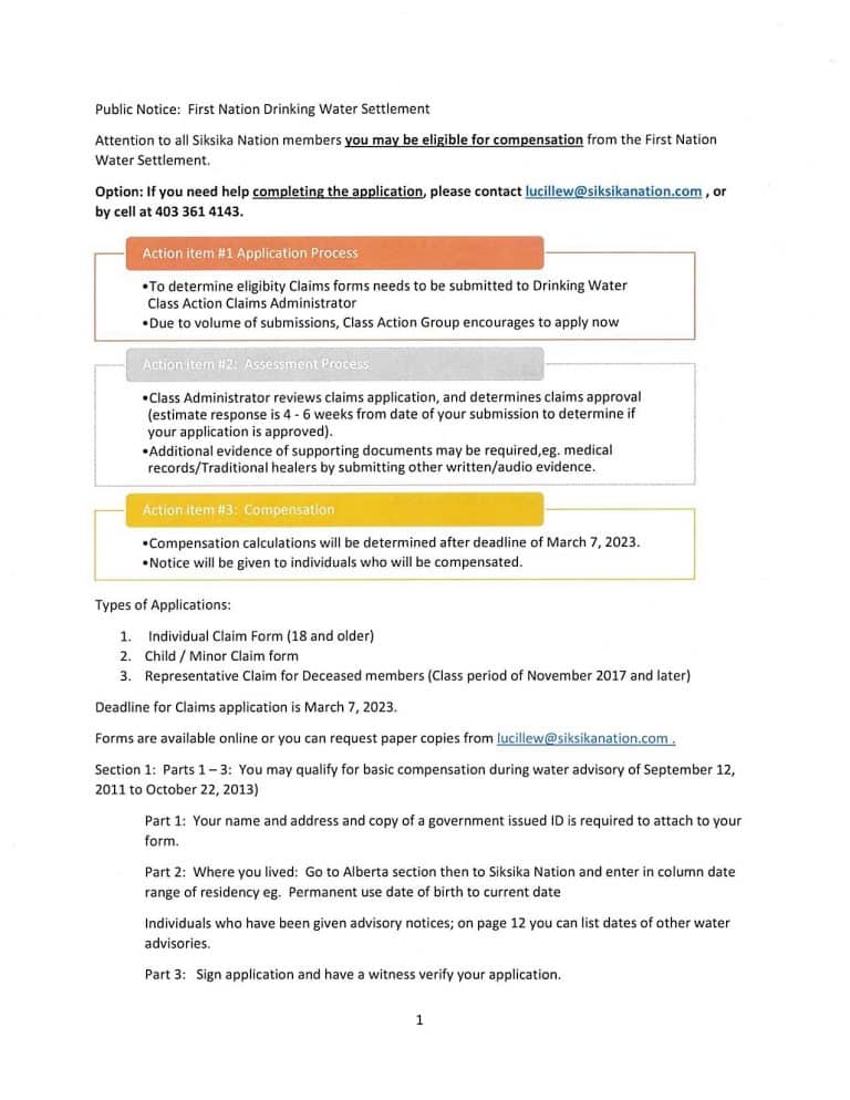 First Nations Drinking Water Settlement - Siksika Nation